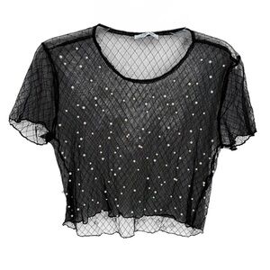 Zara Mesh Pearl Shirt Black Size Large Short Sleeve Round Neck Sheer Pullover